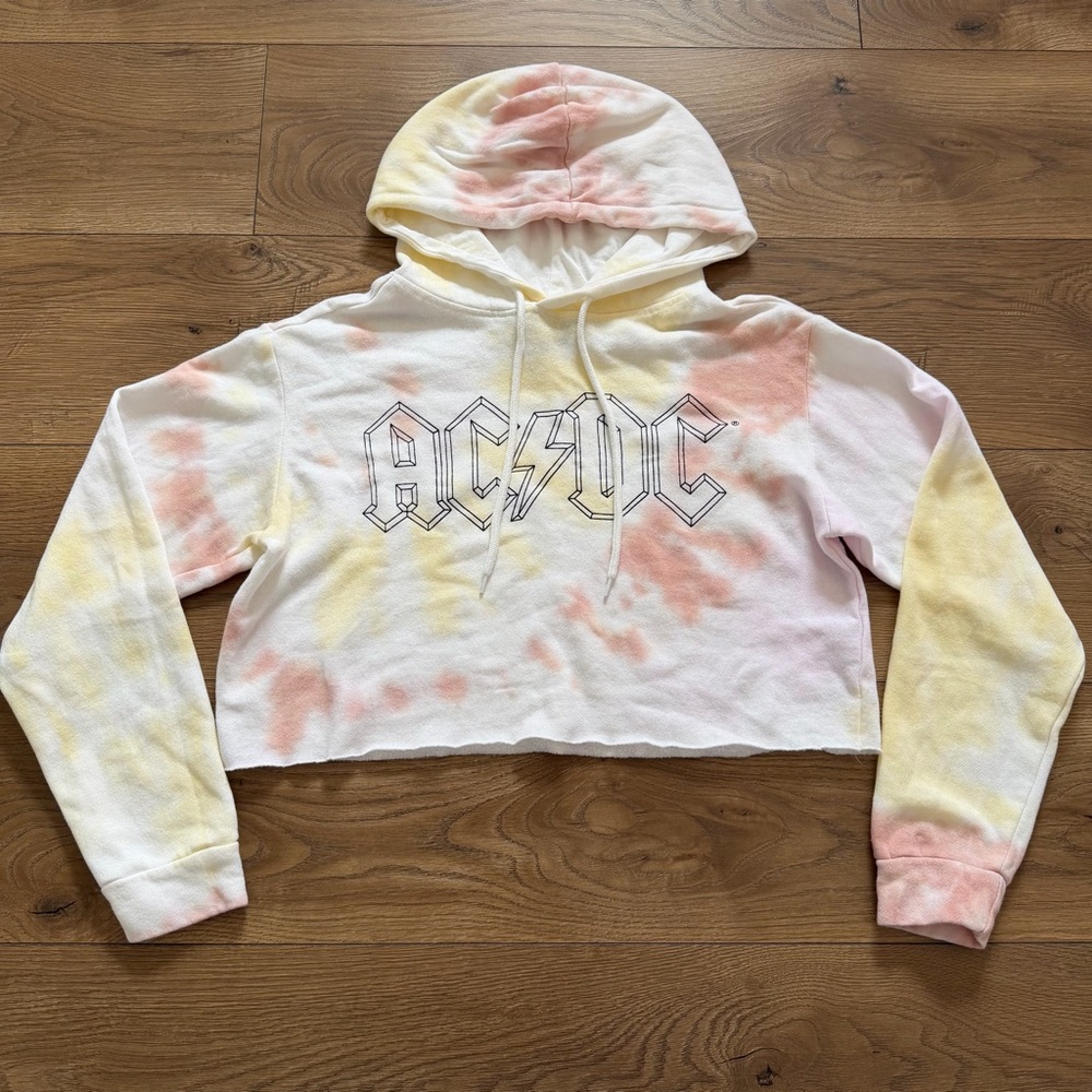 AC/DC Cropped Hoodie Women's Small‎ Pastel Tie Dye Graphic Sweatshirt
